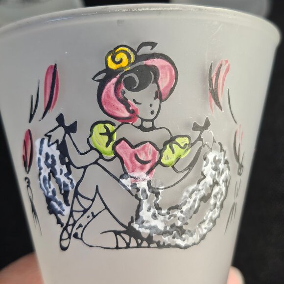 Vintage.1950s Frosted Fad Studios Set of 3 Shot Measuring Glasses Can Can Girls - Picture 4 of 9